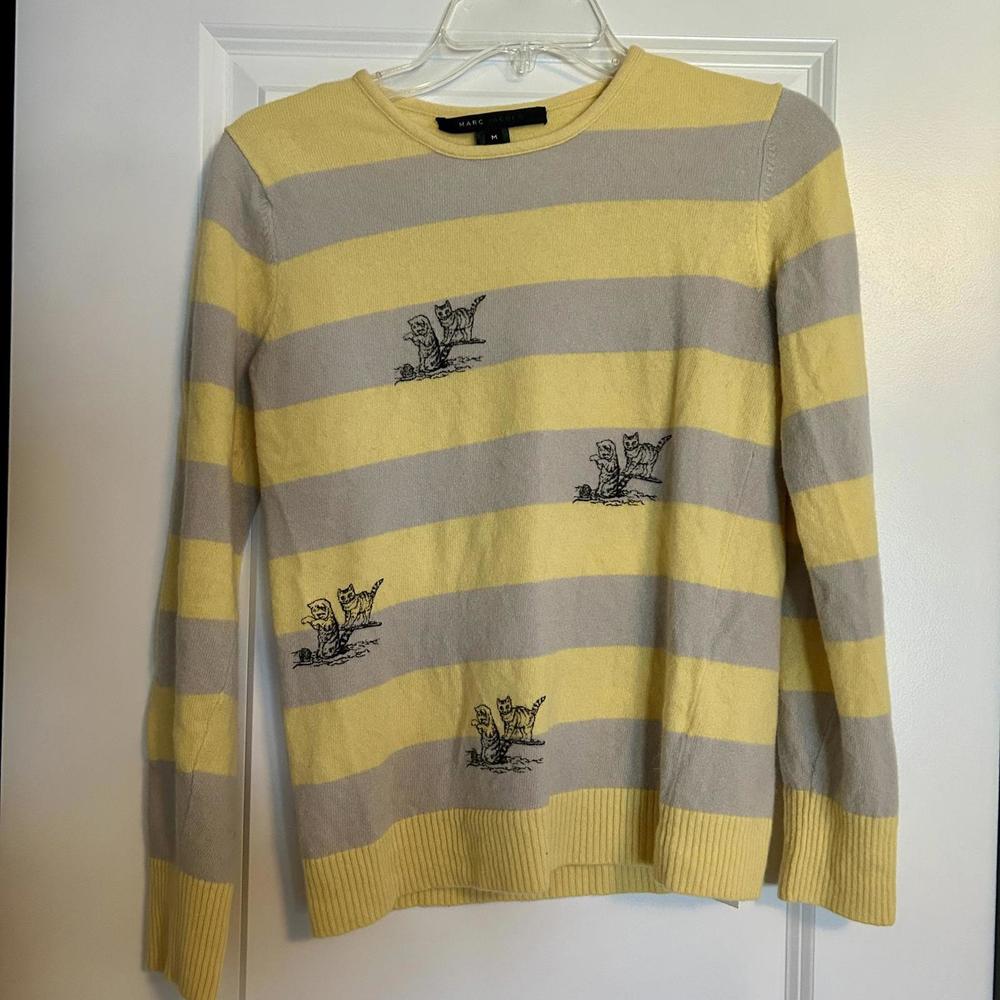 Marc Jacobs Cat Print Stripped Yellow and Grey Wool Sweater Top Size Medium